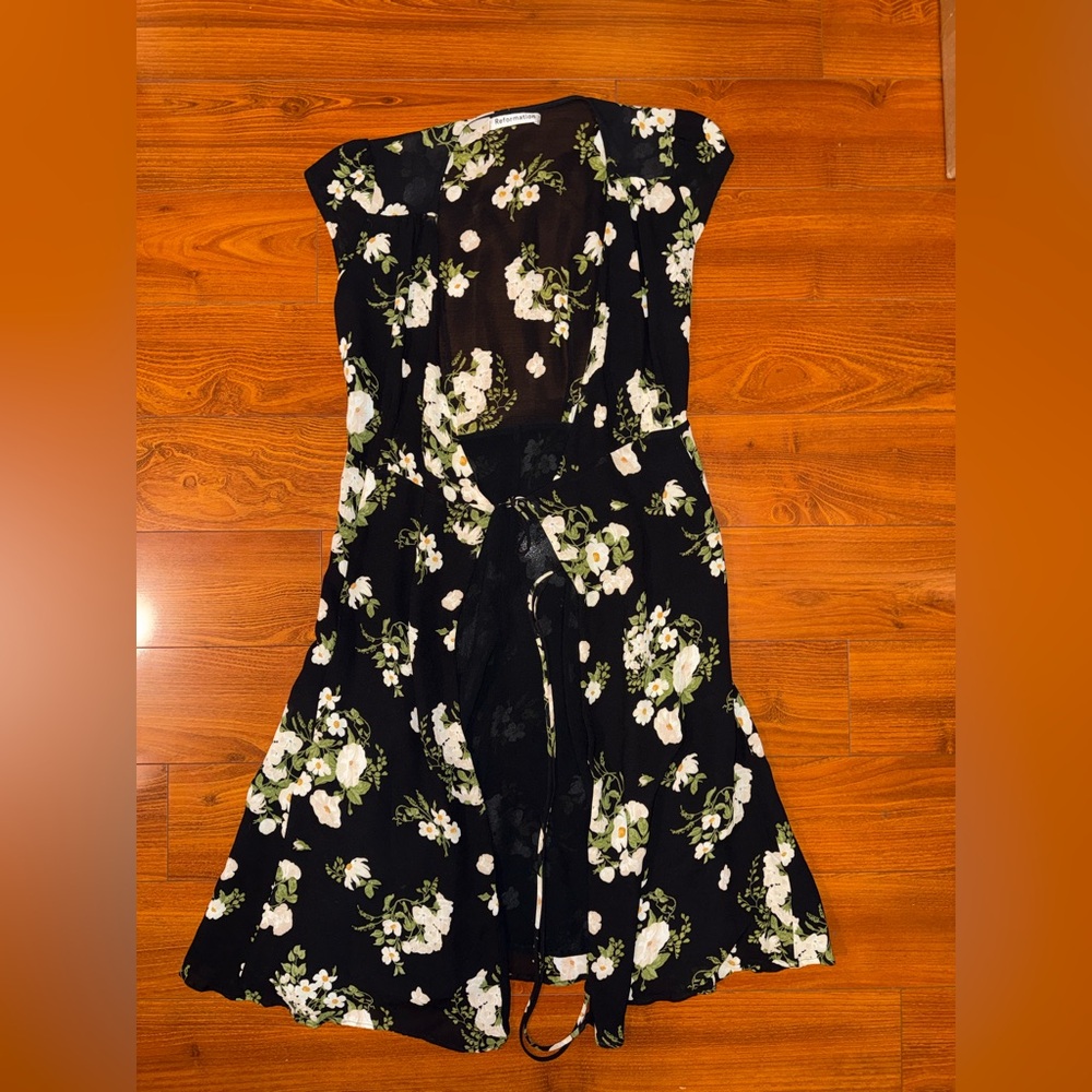 Reformation Black Floral Wrap Midi Dress - Picture 2 of 6
